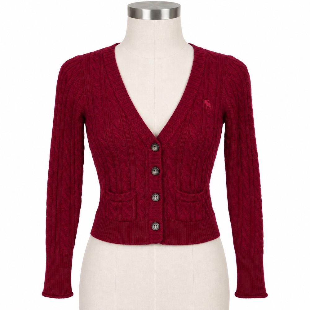 Abercrombie & Fitch Y2K Cable Knit Wool Blend Cardigan Sweater Size Medium Red